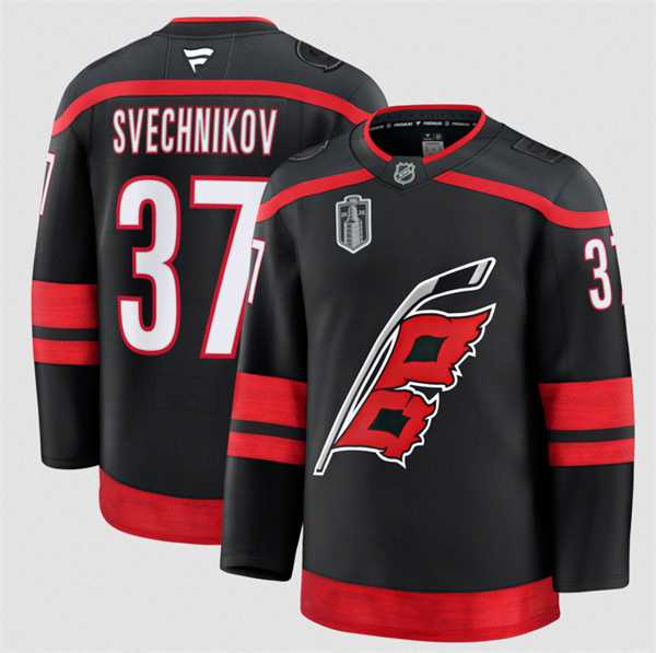 Men%27s Carolina Hurricanes #37 Andrei Svechnikov Black 2026 Stanley Cup Final Home Premium Hockey Stitched Jersey Dzhi