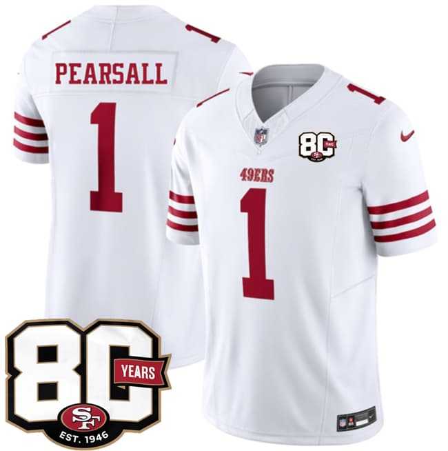 Men%27s San Francisco 49ers #1 Ricky Pearsall White 80th Anniversary Patch 2026 F.U.S.E. Vapor Untouchable Limited Stitched Jersey Dzhi