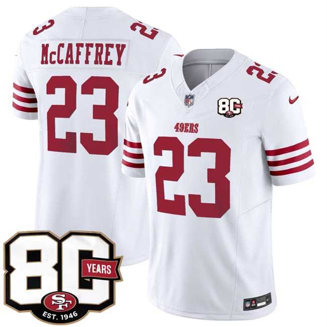 Men%27s San Francisco 49ers #23 Christian McCaffrey White 80th Anniversary Patch 2026 F.U.S.E. Vapor Untouchable Limited Stitched Jersey Dzhi