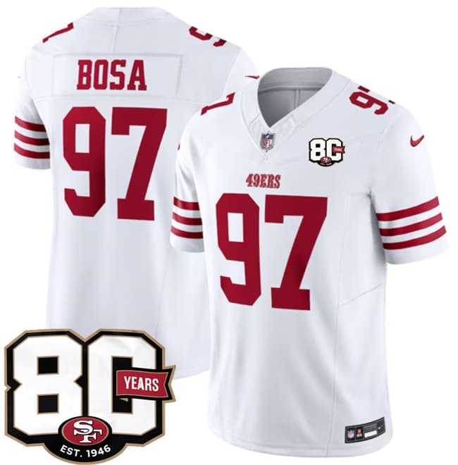 Men%27s San Francisco 49ers #97 Nick Bosa White 80th Anniversary Patch 2026 F.U.S.E. Vapor Untouchable Limited Stitched Jersey Dzhi