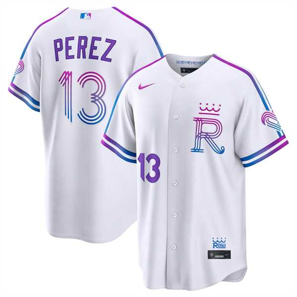 Men%27s Kansas City Royals #13 Salvador Perez White 2026 City Connect Stadium Stitched Jersey Dzhi