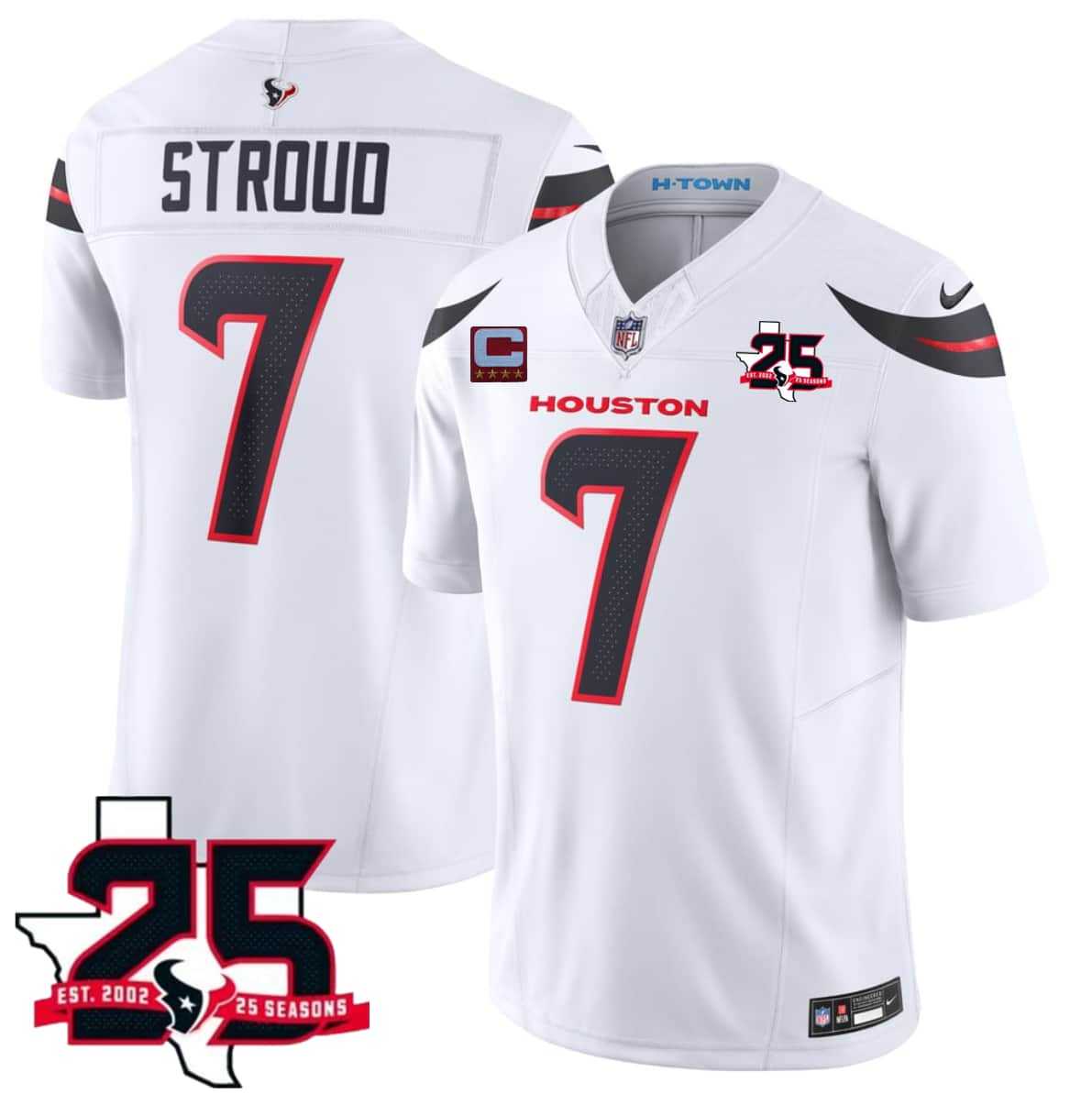 Men%27s Houston Texans #7 C.J. Stroud White 2026 With 25th Anniversary Patch And 4-Star C Patch F.U.S.E. Vapor Limited Stitched Jersey