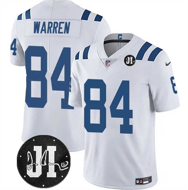Men & Women & Youth Indianapolis Colts #84 Tyler Warren White Jim Irsay Patch Vapor Limited Stitched Jersey