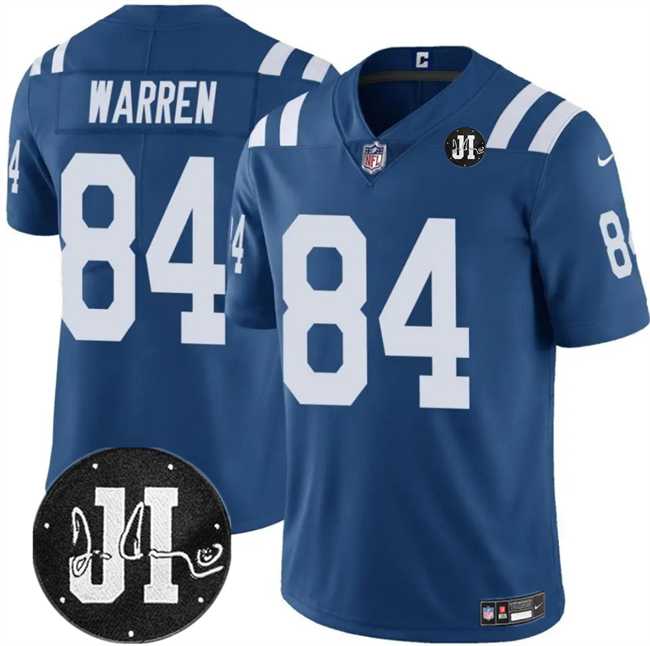 Men & Women & Youth Indianapolis Colts #84 Tyler Warren Blue Jim Irsay Patch Vapor Limited Stitched Jersey