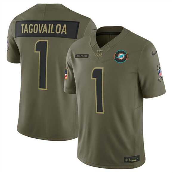 Men%27s Miami Dolphins #1 Tua Tagovailo Olive 2025 F.U.S.E. Salute to Service Limited Stitched Jersey Dyin