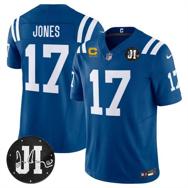 Men%27s Indianapolis Colts #17 Daniel Jones Blue 2025 F.U.S.E. With 4-Star C Patch And Jim Irsay Patch Vapor Limited Stitched Jersey Dzhi