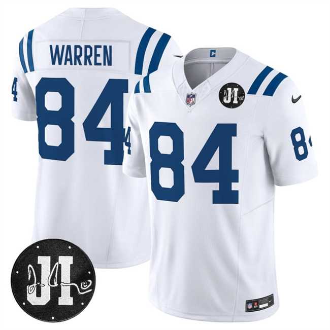 Men%27s Indianapolis Colts #84 Tyler Warren White 2025 F.U.S.E. Jim Irsay Patch Vapor Limited Stitched Jersey Dzhi