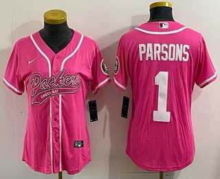 Women%27s Green Bay Packers #1 Micah Parsons Pink With Patch Cool Base Stitched Baseball Jersey