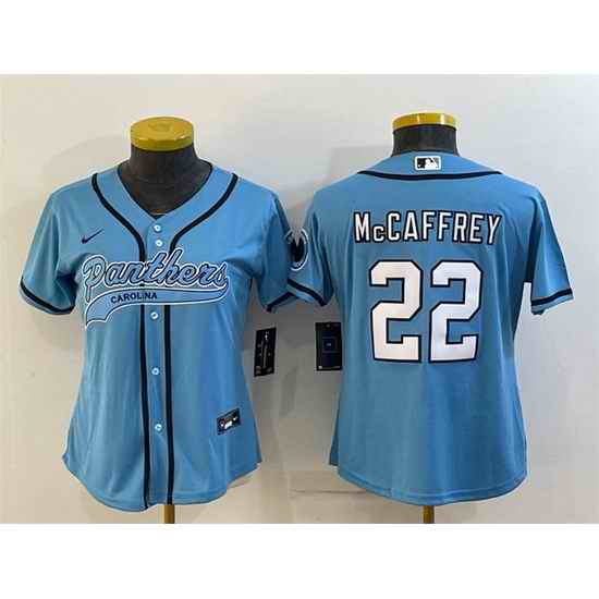 Women Carolina Panthers #22 Christian McCaffrey Blue With Patch Cool Base Stitched Baseball Jersey