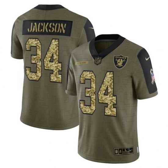 Men Las Vegas Raiders #34 Bo Jackson 2021 Salute To Service Olive Camo Limited Stitched Jersey