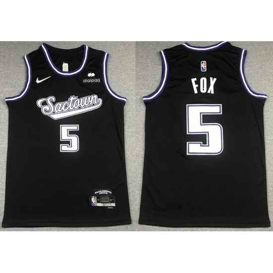 Men Sacramento Kings #5 De'Aaron Fox 2021 2022 Black City Edition 75th Anniversary Stitched Jersey