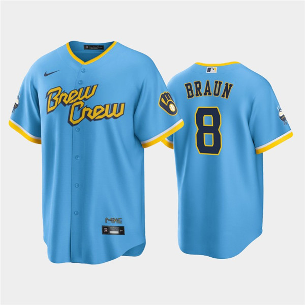 Men's Milwaukee Brewers #8 Ryan Braun Powder Blue 2022 City Connect Cool Base Stitched Jersey