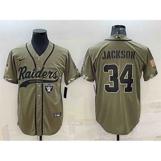 Men Las Vegas Raiders #34 Bo Jackson 2022 Olive Salute To Service Cool Base Stitched Baseball Jersey