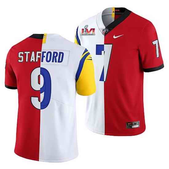 Men Los Angeles Rams X Georgia Bulldogs #9 Matthew Stafford Red White Split Super Bowl LVI Stitched Jerse