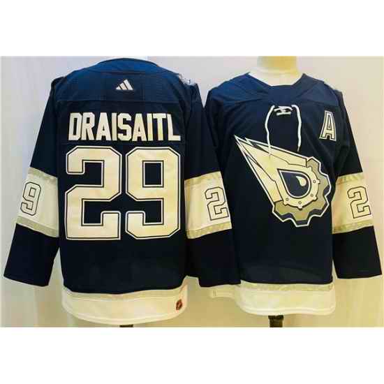 Men Edmonton Oilers #29 Leon Draisaitl Navy White Stitched Jersey