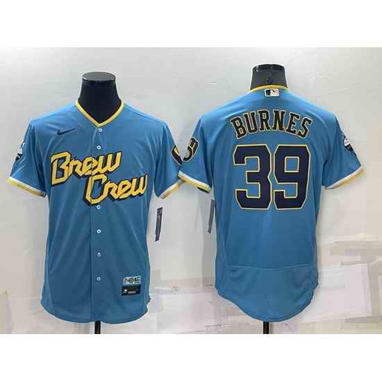 Men Milwaukee Brewers #39 Corbin Burnes 2022 Powder Blue City Connect Flex Base Stitched Jersey