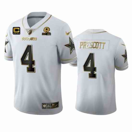 Men Dallas Cowboys #4 Dak Prescott White Golden Edition With 1960 Patch Limited Stitched Jersey