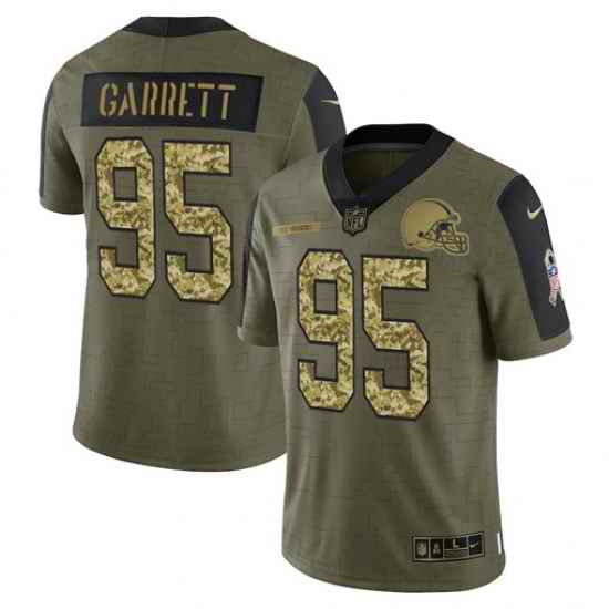 Men Cleveland Browns #95 Myles Garrett 2021 Salute To Service Olive Camo Limited Stitched Jersey