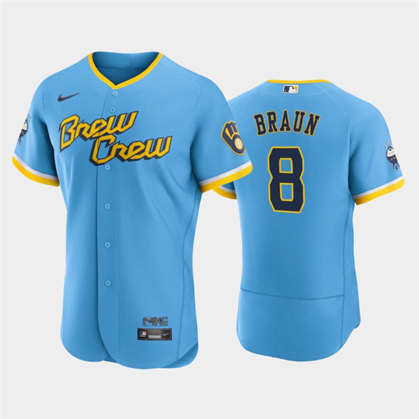 Men's Milwaukee Brewers #8 Ryan Braun Powder Blue 2022 City Connect Flex Base Stitched Jersey