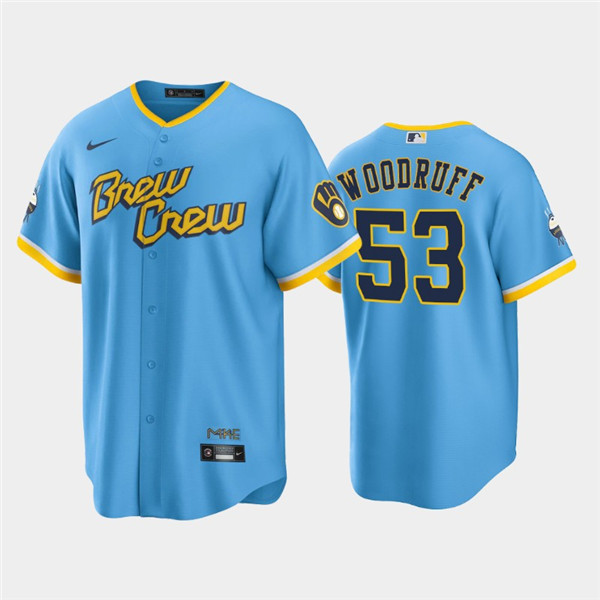 Men's Milwaukee Brewers #53 Brandon Woodruff Powder Blue 2022 City Connect Cool Base Stitched Jersey