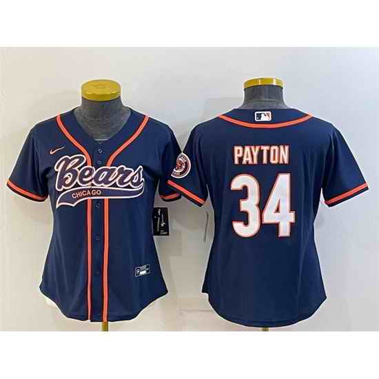Women Chicago Bears #34 Walter Payton Navy With Patch Cool Base Stitched Baseball Jersey