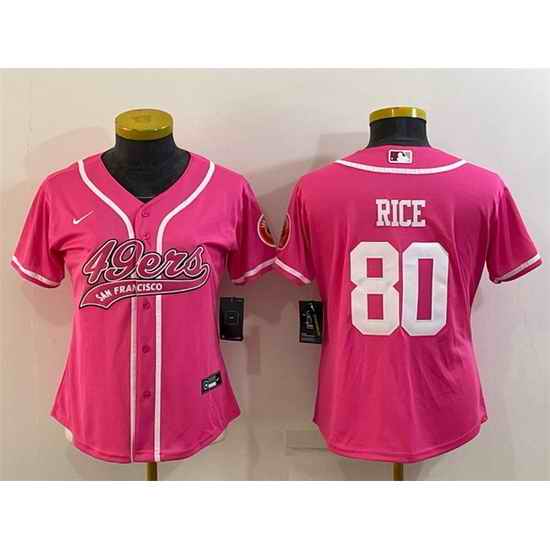 Women San Francisco 49ers #80 Jerry Rice Pink With Patch Cool Base Stitched Baseball Jersey