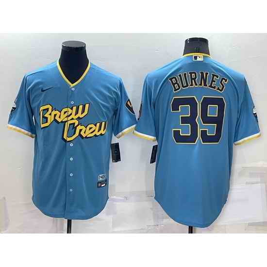 Men Milwaukee Brewers #39 Corbin Burnes 2022 Powder Blue City Connect Cool Base Stitched Jersey