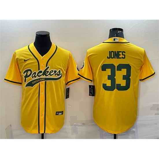 Men Green Bay Packers #33 Aaron Jones Gold With Patch Cool Base Stitched Baseball Jersey