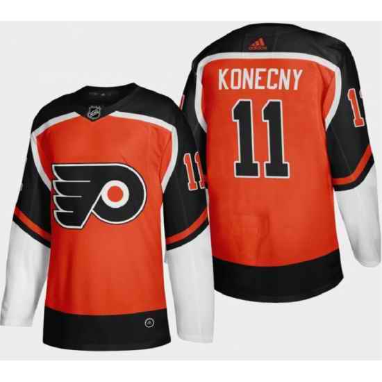 Men Philadelphia Flyers #11 Travis Konecny 2021 Orange Reverse Retro Stitched Jersey