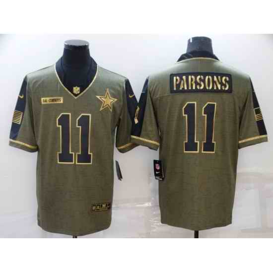 Men Dallas Cowboys #11 Micah Parsons 2021 Olive Salute To Service Golden Limited Stitched Jersey