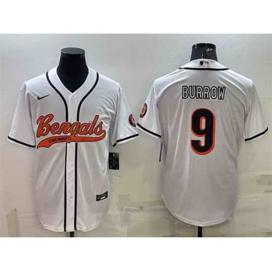 Men Cincinnati Bengals #9 Joe Burrow White With Patch Cool Base Stitched Baseball Jersey