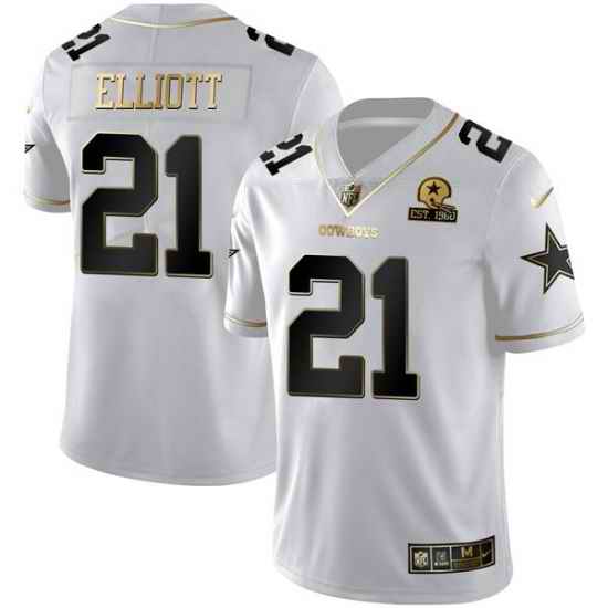 Men Dallas Cowboys #21 Ezekiel Elliott White Golden Edition With 1960 Patch Limited Stitched Jersey