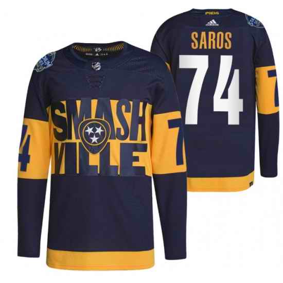 Men Nashville Predators #74 Juuse Saros 2022 Navy Stadium Series Breakaway Player Stitched Jersey