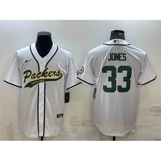 Men Green Bay Packers #33 Aaron Jones White With Patch Cool Base Stitched Baseball Jersey