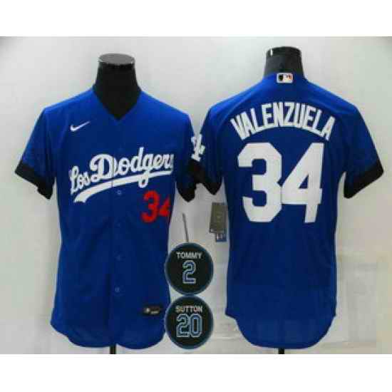 Men Los Angeles Dodgers 34 Fernando Valenzuela Blue #2 20 Patch City Connect Flex Base Stitched Jersey