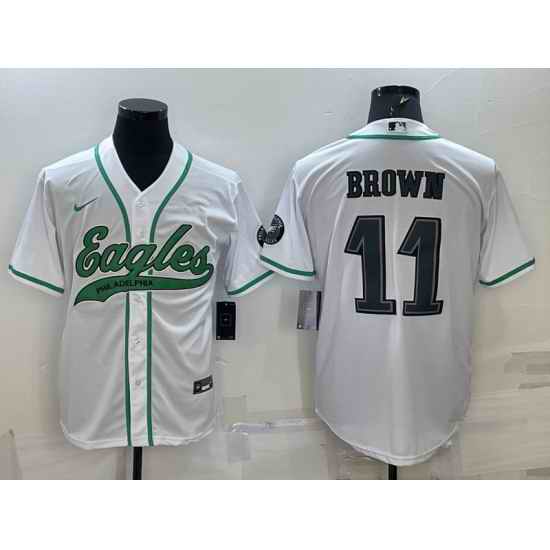 Men Philadelphia Eagles #11 A J Brown White With Patch Cool Base Stitched Baseball Jersey
