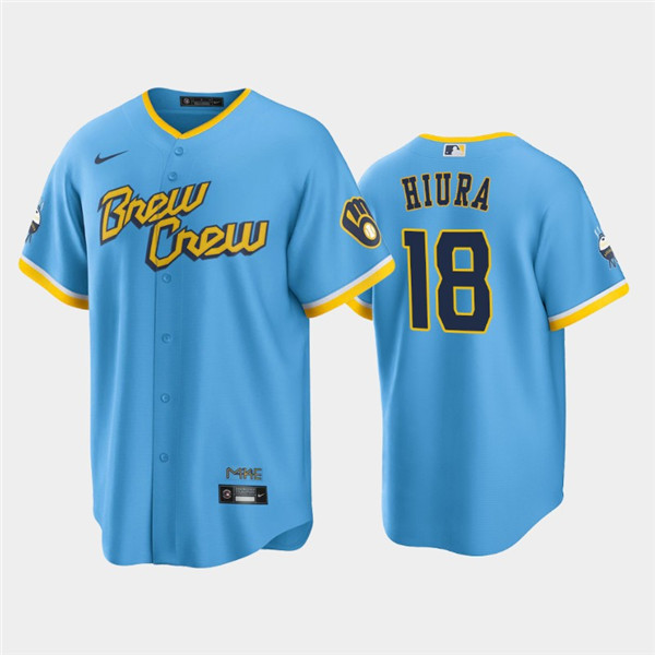 Men's Milwaukee Brewers #18 Keston Hiura Powder Blue 2022 City Connect Cool Base Stitched Jersey