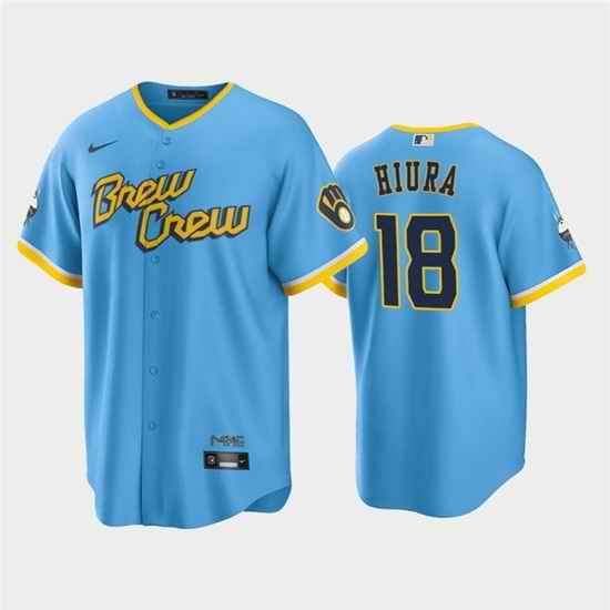 Men Milwaukee Brewers #18 Keston Hiura 2022 Powder Blue City Connect Cool Base Stitched Jersey