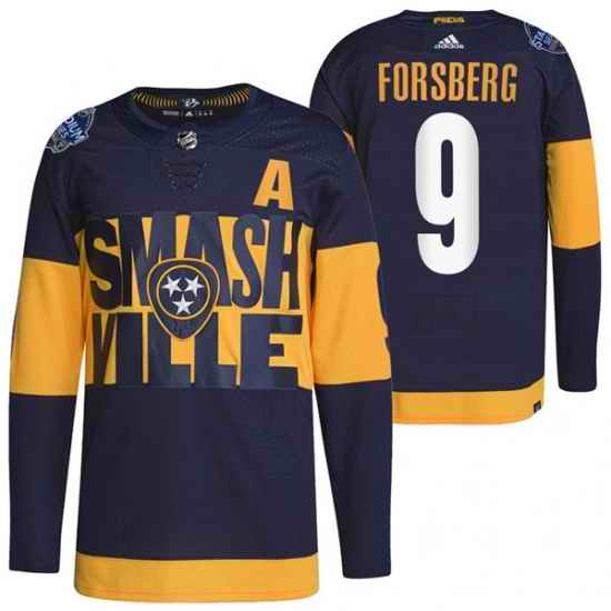 Men Nashville Predators #9 Filip Forsberg 2022 Navy Stadium Series Breakaway Player Stitched Jersey