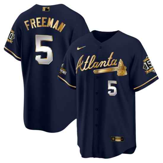Men Atlanta Braves #5 Freddie Freeman 2021 Navy Gold World Series Champions With 150th Anniversary Patch Cool Base Stitched Jersey