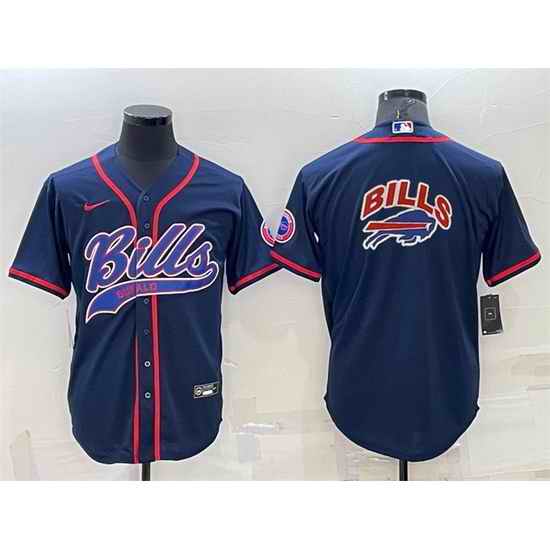 Men Buffalo Bills Navy Team Big Logo With Patch Cool Base Stitched Baseball Jersey