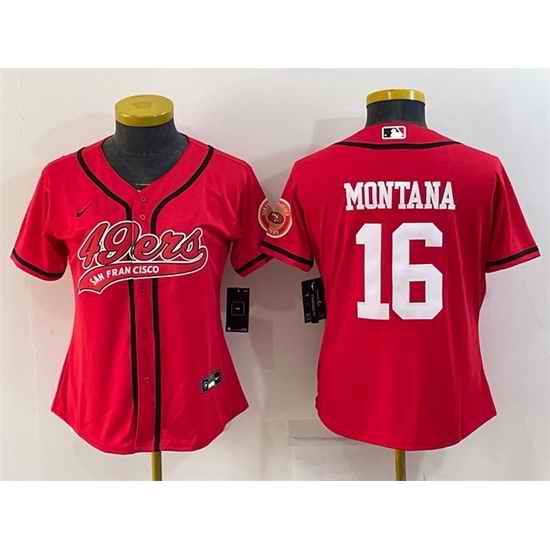 Women San Francisco 49ers #16 Joe Montana Red With Patch Cool Base Stitched Baseball Jersey