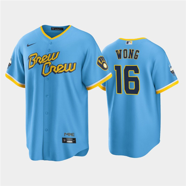 Men's Milwaukee Brewers #16 Kolten Wong Powder Blue 2022 City Connect Cool Base Stitched Jersey