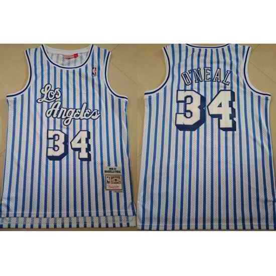 Men Los Angeles Lakers #34 Shaq O'Neal white trips Hardwood Classic Mitchell Ness Throwback NBA Jersey