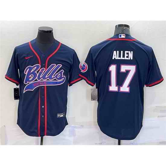 Men Buffalo Bills #17 Josh Allen Navy With Patch Cool Base Stitched Baseball Jersey