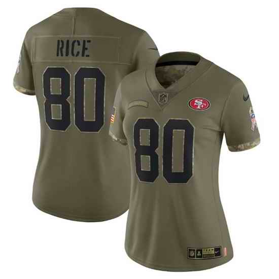 Women San Francisco 49ers #80 Jerry Rice Olive 2022 Salute To Service Limited Stitched Jersey