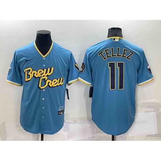 Men Milwaukee Brewers #11 Rowdy Tellez 2022 Powder Blue City Connect Cool Base Stitched Jersey