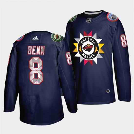 Men Minnesota Wild #8 Jordie Benn 2021 22 Navy Native American Heritage Day Stitched Jersey