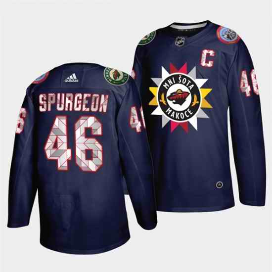 Men Minnesota Wild 46 Jared Spurgeon 2021 #22 Navy Native American Heritage Day Stitched Jersey