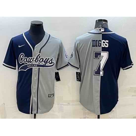 Men Dallas Cowboys #7 Trevon Diggs Navy Grey Split With Patch Cool Base Stitched Baseball Jersey
